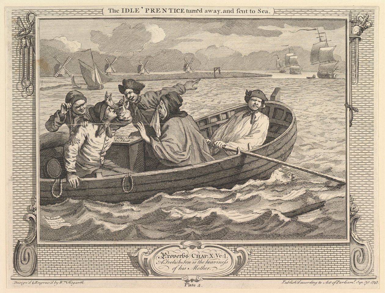Idle Prentice se odvrátil a poslal na moře: Průmysl a nečinnost, deska 5, 30. září 1747. od William Hogarth