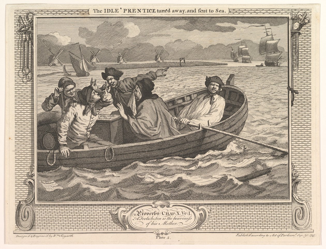 Idle Prentice se odvrátil a poslal do námořního průmyslu a nečinnosti, talíř..., 30. září 1747. od William Hogarth