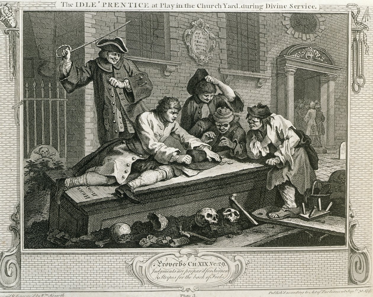 Nečinný „Prentice ve hře na dvoře kostela během bohoslužby“, deska III „Průmysl a zahálka“, vydaná v roce 1833 od William Hogarth