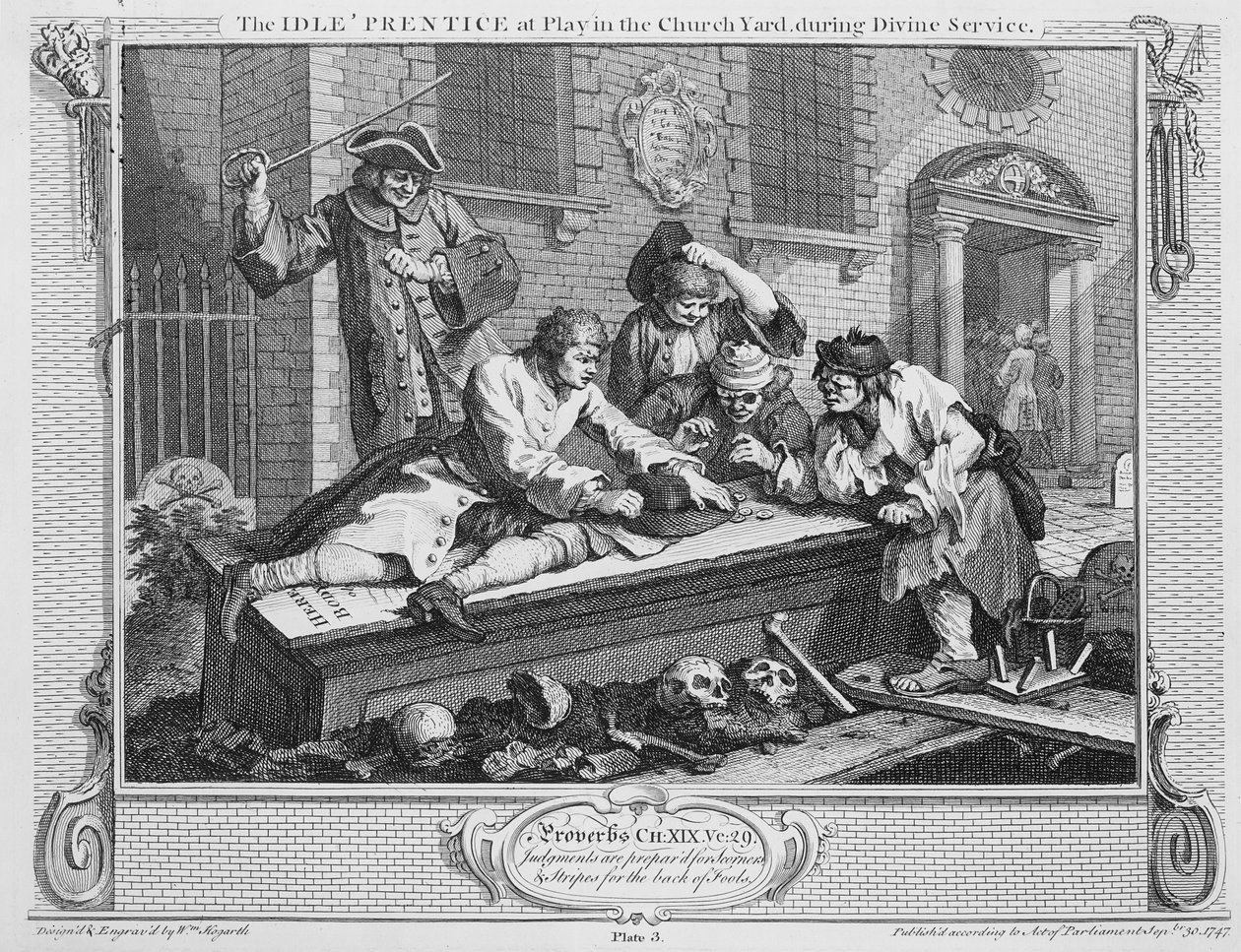 Nečinný „Prentice ve hře na kostelním dvoře během bohoslužby“, deska III „Průmysl a zahálka“ od William Hogarth