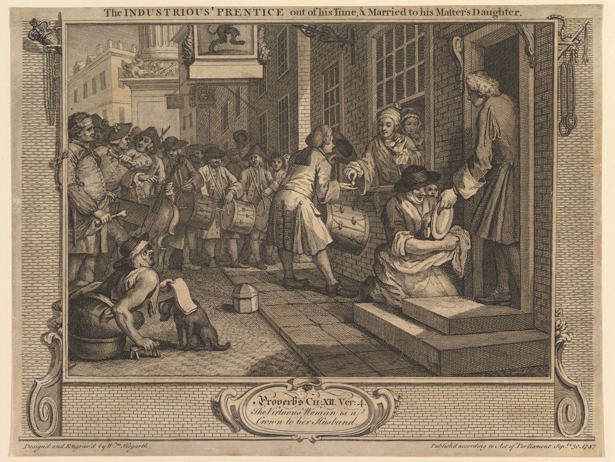 Pilný učeň dokončil učení a oženil se s dcerou svého mistra: Píle a zahálka, tabule 6 od William Hogarth