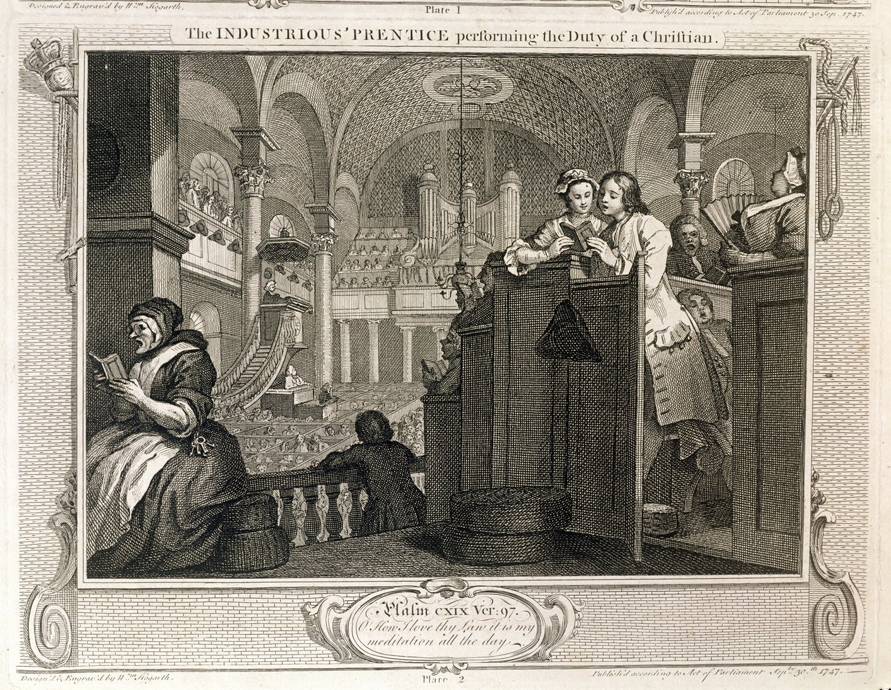 Pracovitý „Prentice vykonávající povinnost křesťana“, deska II „Průmysl a nečinnost“, vydaná v roce 1833 od William Hogarth