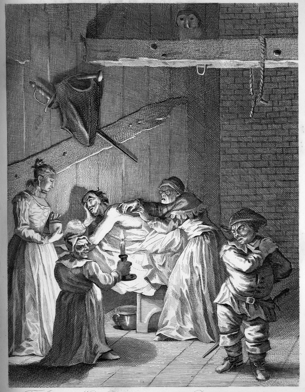 Majitelé hostince Manželka a dcera se starají o Dona poté, co byl zbit a pohmožděn od William Hogarth