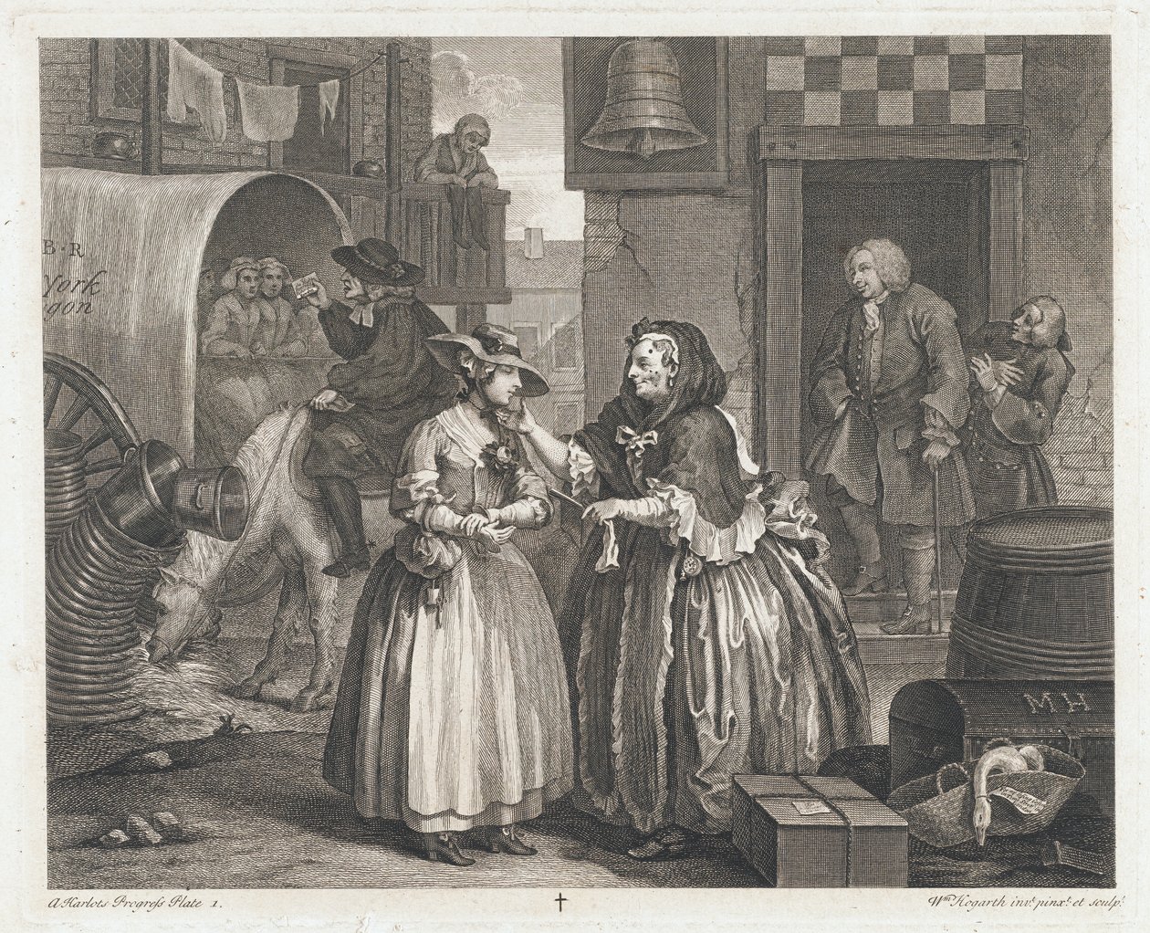 Z nevinné dívky se stává nevěstka, navrženo 1732, tištěno 1744 (lept a rytina) od William Hogarth