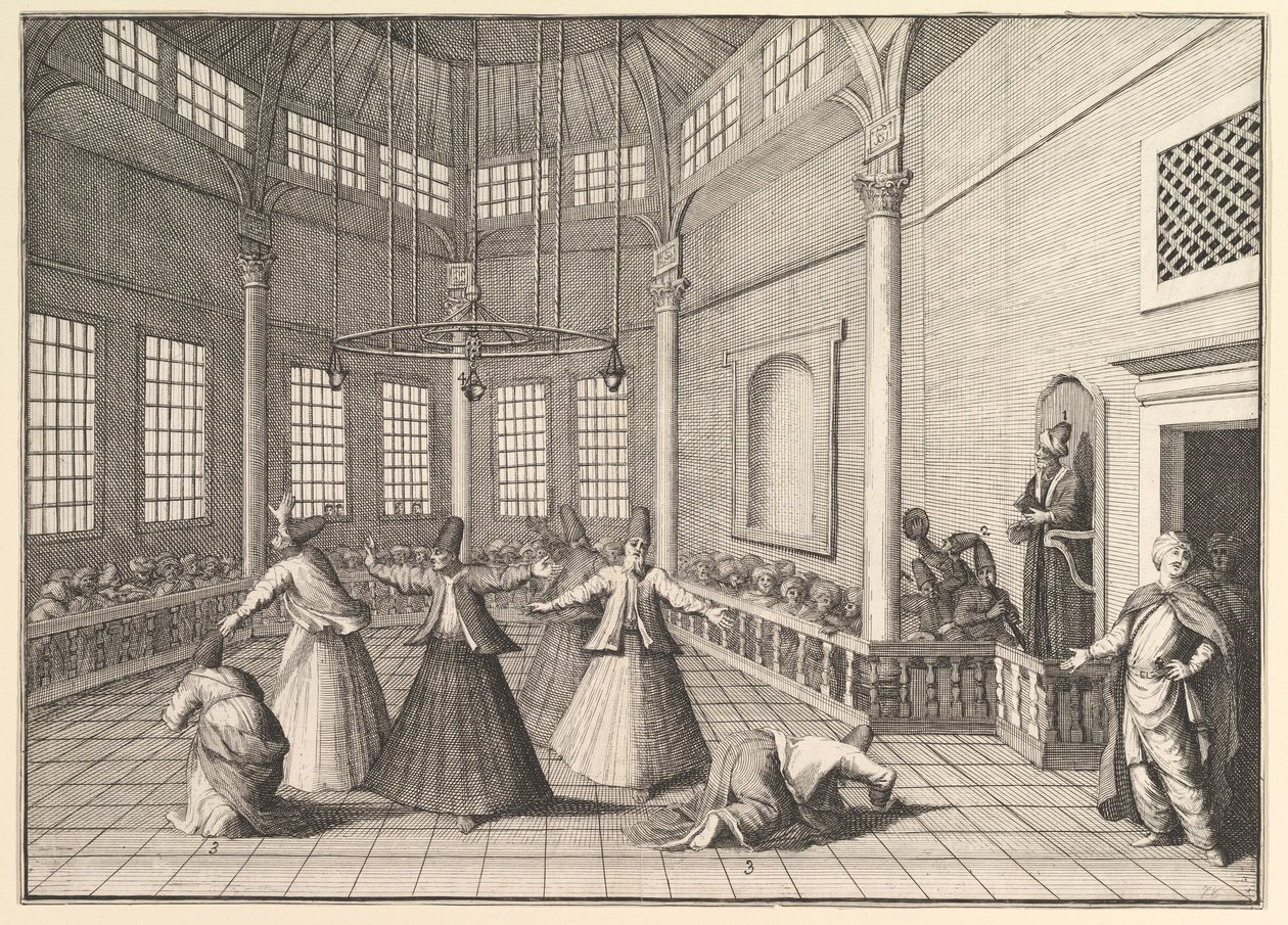 Uvnitř mešity tančí derviši Aubry de La Mottrayes cestuje po..., 1723-24. od William Hogarth