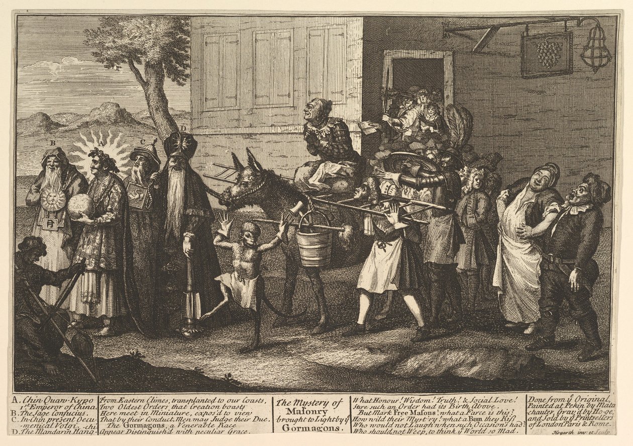 The Mystery of Masonry Brought to Light by the Go..., [poprvé publikováno v prosinci 1724] pozdější reedice. od William Hogarth