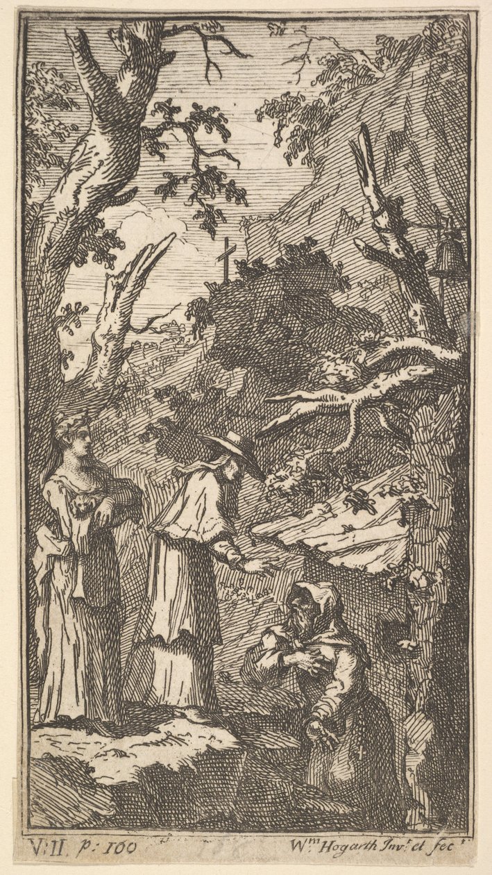 The New Metamorphosis, Plate 7: The Cardinal, a Hermit and Donna Angela Holding Fantasio, 1724. od William Hogarth