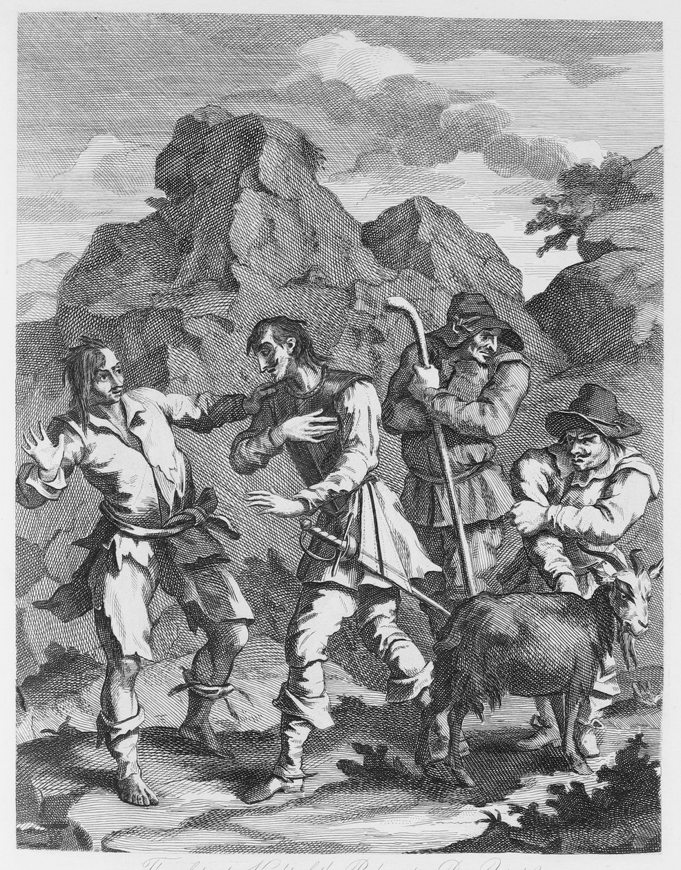 Nešťastný skalní rytíř se setkal s Donem Quijotem od William Hogarth