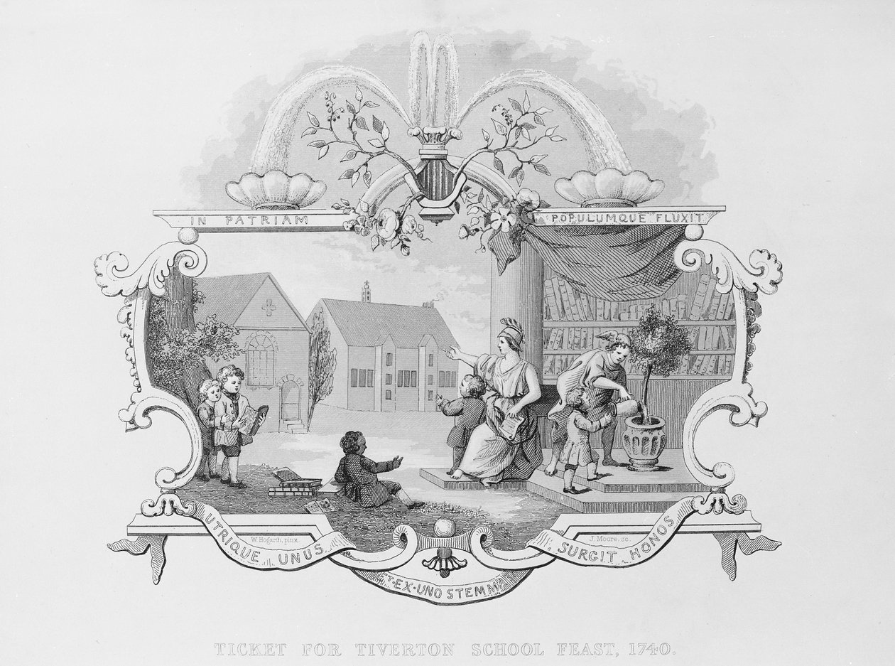 Vstupenka na Tiverton School Feast, 1740, vyryl J. Moore od William Hogarth