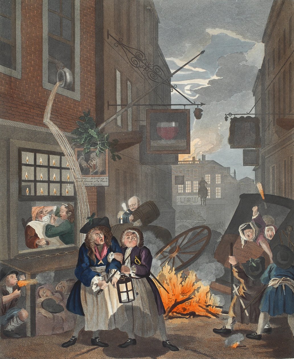 Denní doba, Noc, ilustrace z knihy "Hogarth Restored: Hogartha, přebásněné Thomasem Cookem", vyd. 1812 (ručně kolorovaná rytina) od William Hogarth