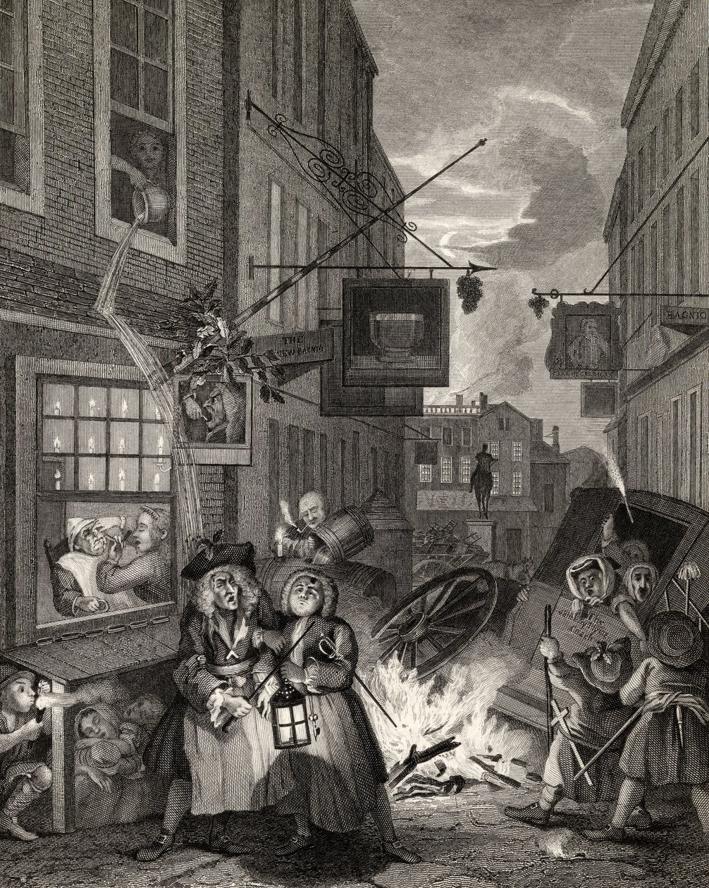 Times of the Day: Night, z „Díla Williama Hogartha“, vydané v roce 1833 od William Hogarth