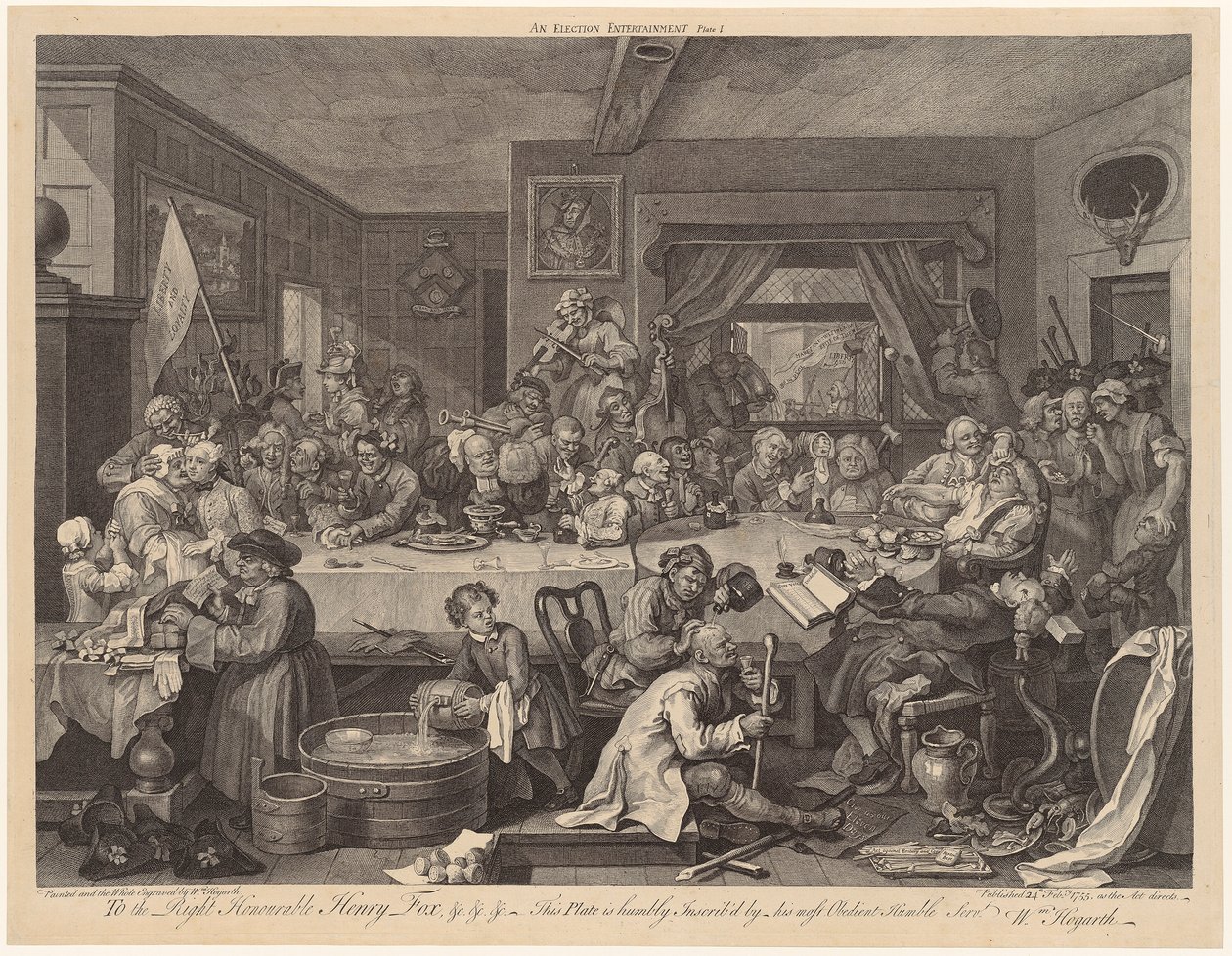 Volební hostina, list 1 ze série „Volby“ od William Hogarth