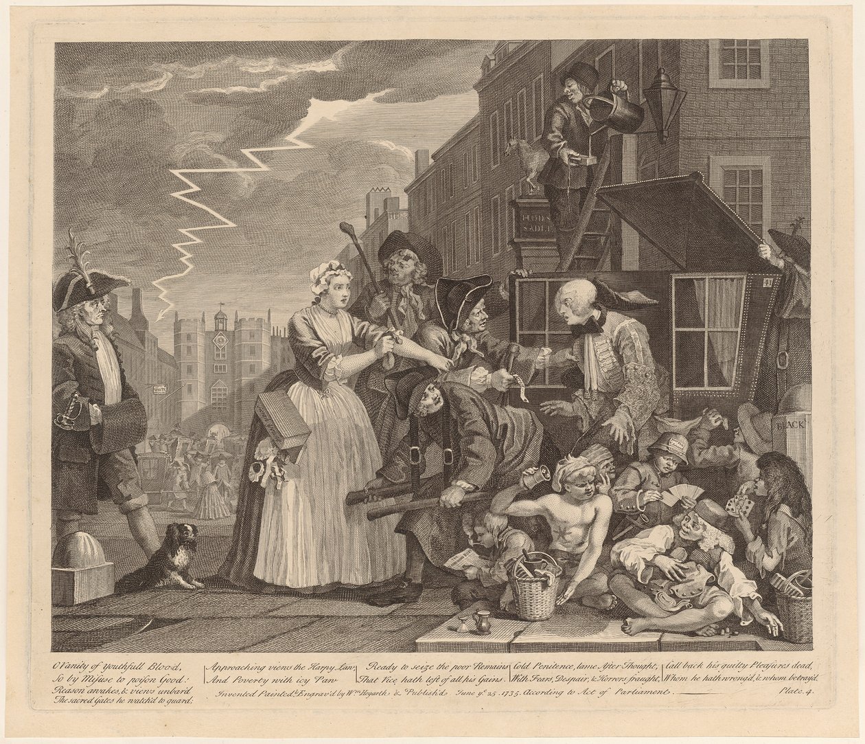 Zatčen pro dluhy, list 4 ze série „Život prostopášníka“ od William Hogarth