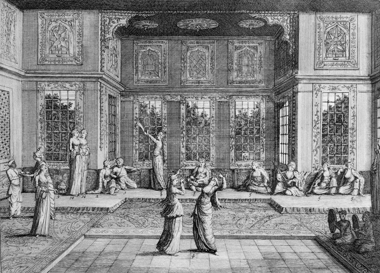 Ženy tančící v harému, z „Cesty Sr A. de la Motraye v Evropě, Asii a Africe“, vydané 1723, od William Hogarth