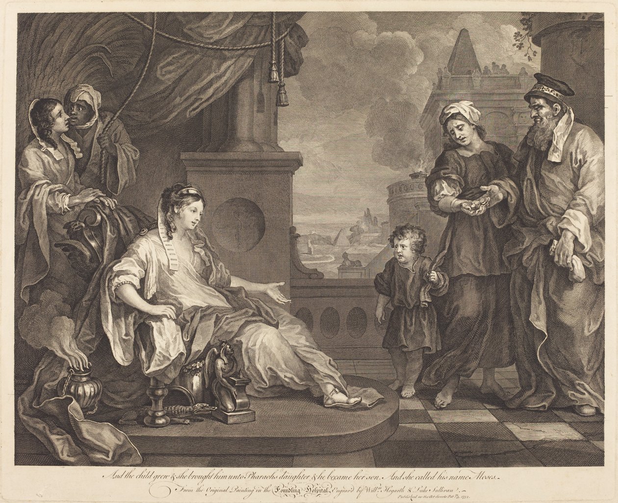 Mojžíš přiveden faraonově dceři od William Hogarth and Luke Sullivan