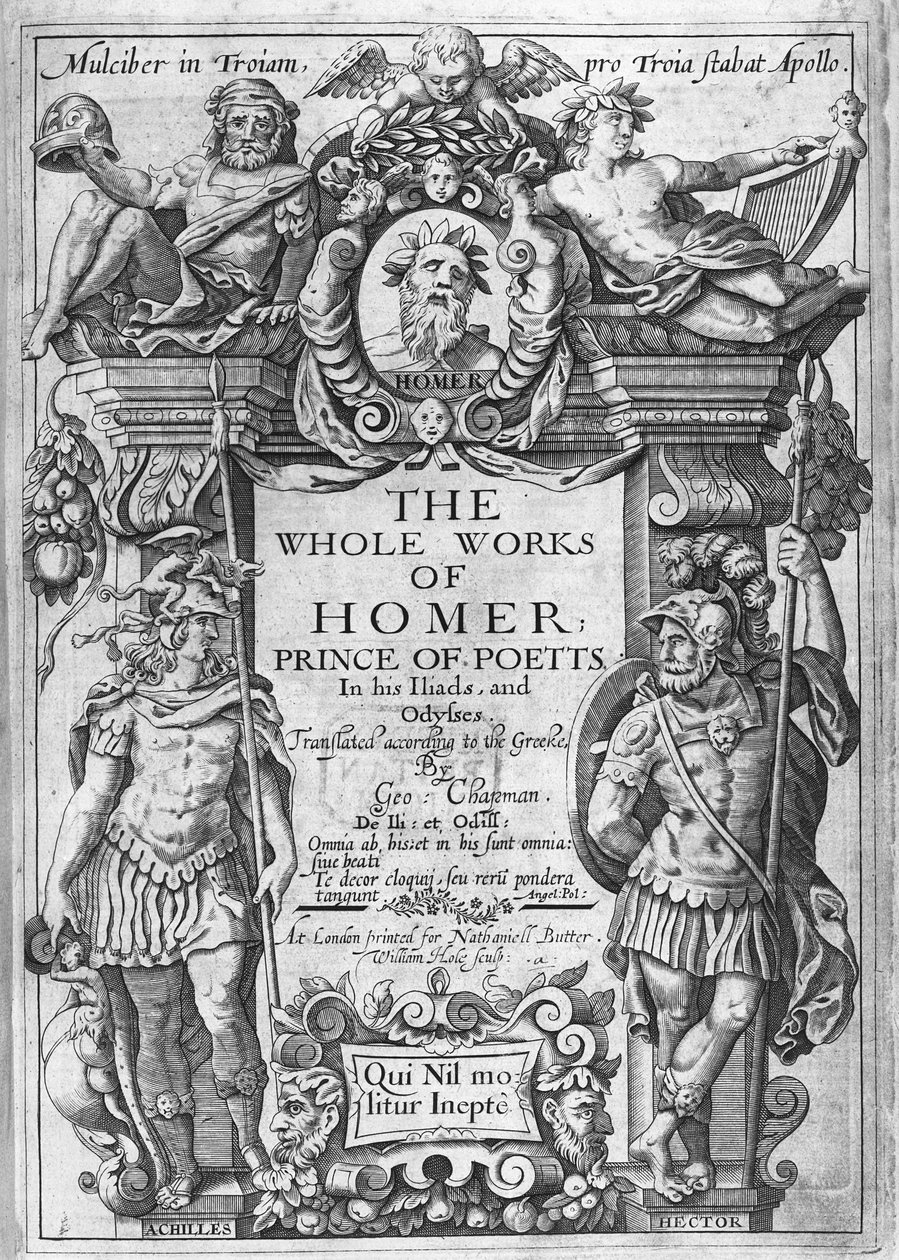 Titulní strana k „Celému dílu Homera“ přeložená Georgem Chapmanem, publikovaná v letech 1614-16 od William Hole