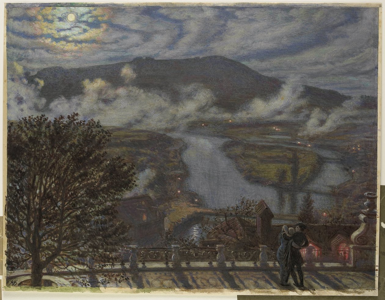 Pohled z terasy říční krajiny v noci The Terrace, Bern (název na objektu) od William Holman Hunt
