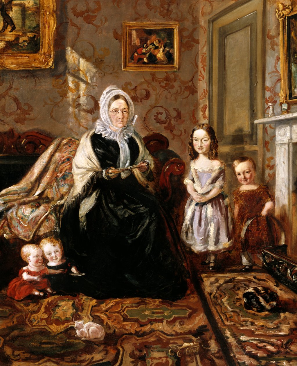 Skupinový portrét tchyně Henryho Clarka, paní Daviesové, a čtyř jeho dětí v přijímacím pokoji jeho domova, 186 High Street, Homerton, kolem roku 1846 od William Holman Hunt