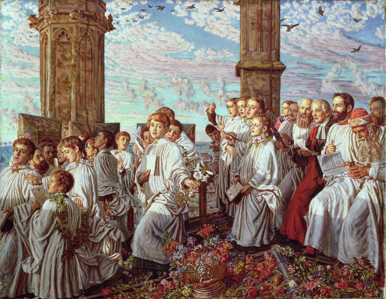 Květnové ráno na Magdalen College Tower, Oxford, starověký výroční obřad od William Holman Hunt