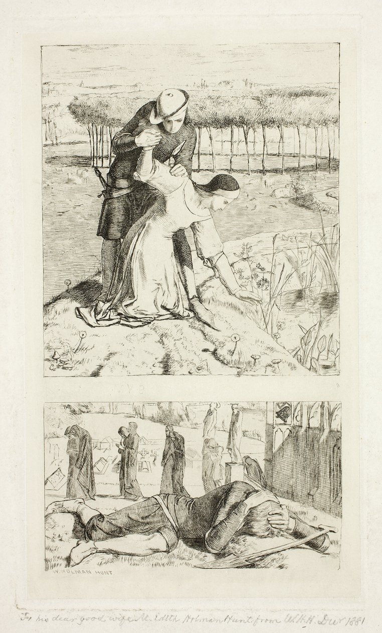 Má krásná paní (nahoře); O mé paní ve smrti (dole), frontispis k Němcům, č. 1 od William Holman Hunt