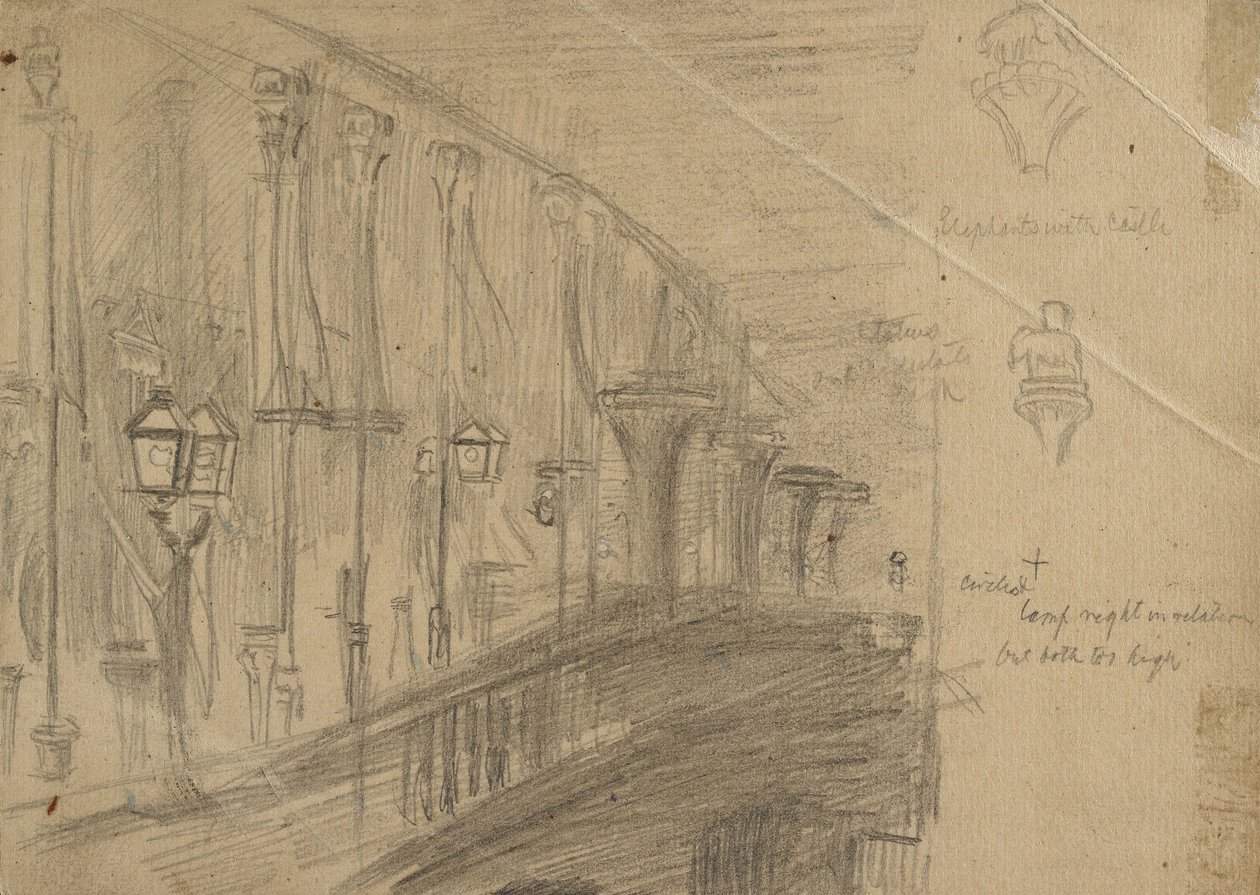 Recto: Studie of London Bridge pro „Londýnský most v noci sňatku prince a princezny z Walesu“, 1863 (grafit na lesklém papíře) od William Holman Hunt