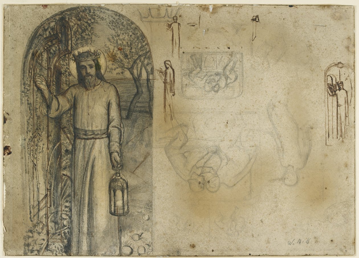 Studie pro „Světlo světa“ (braphit s perem a hnědým inkoustem na špinavě bílém papíře) od William Holman Hunt