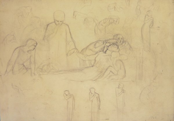Studie pro postavy Doktora, Truchlící a Minervy od William Holman Hunt
