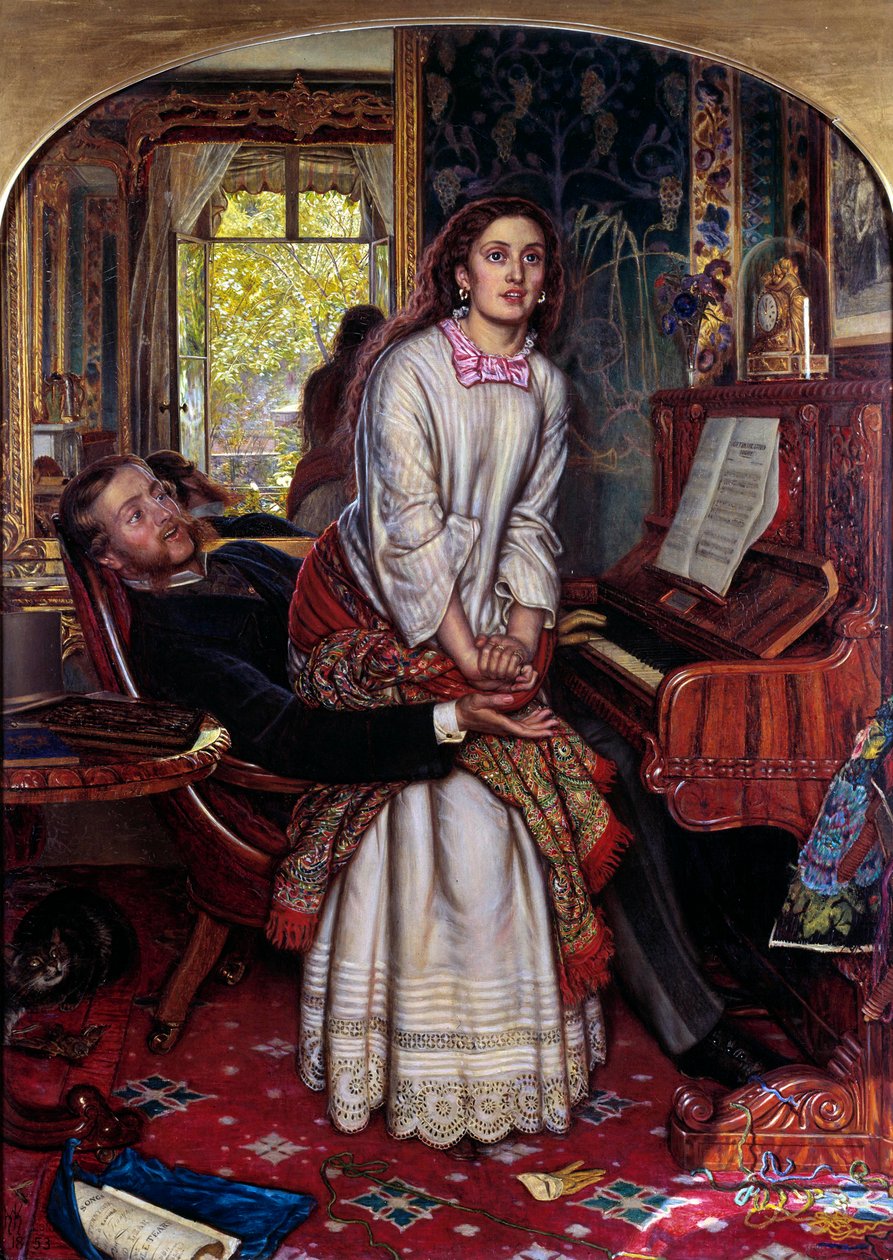 The Awakening Consciousness Mladá žena v hříchu náhle vyskočí, sužovaná duchovním odhalením, snaží se uniknout z náruče svého milence. Obraz Williama Holmana Hunta (1827-1910) od William Holman Hunt