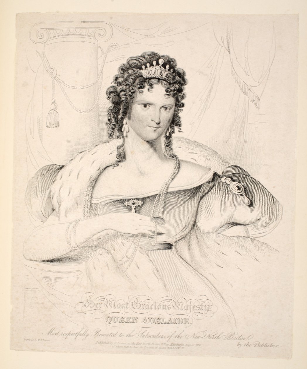 Její nejmilostivější Veličenstvo královna Adelaide, nejuctivěji prezentovaná předplatitelům Nového Severního Británie, hospoda. 1830 od William Home Lizars