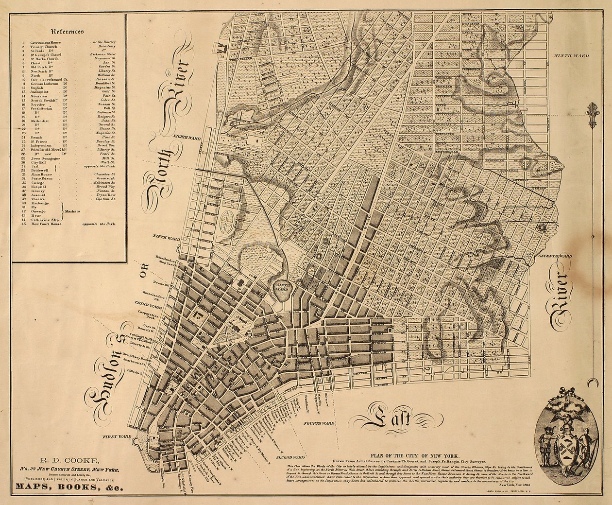 Plán města New-York [až na sever k East 31st Street], 1817 (černý inkoust na papíře, podložený látkou) od William Hooker
