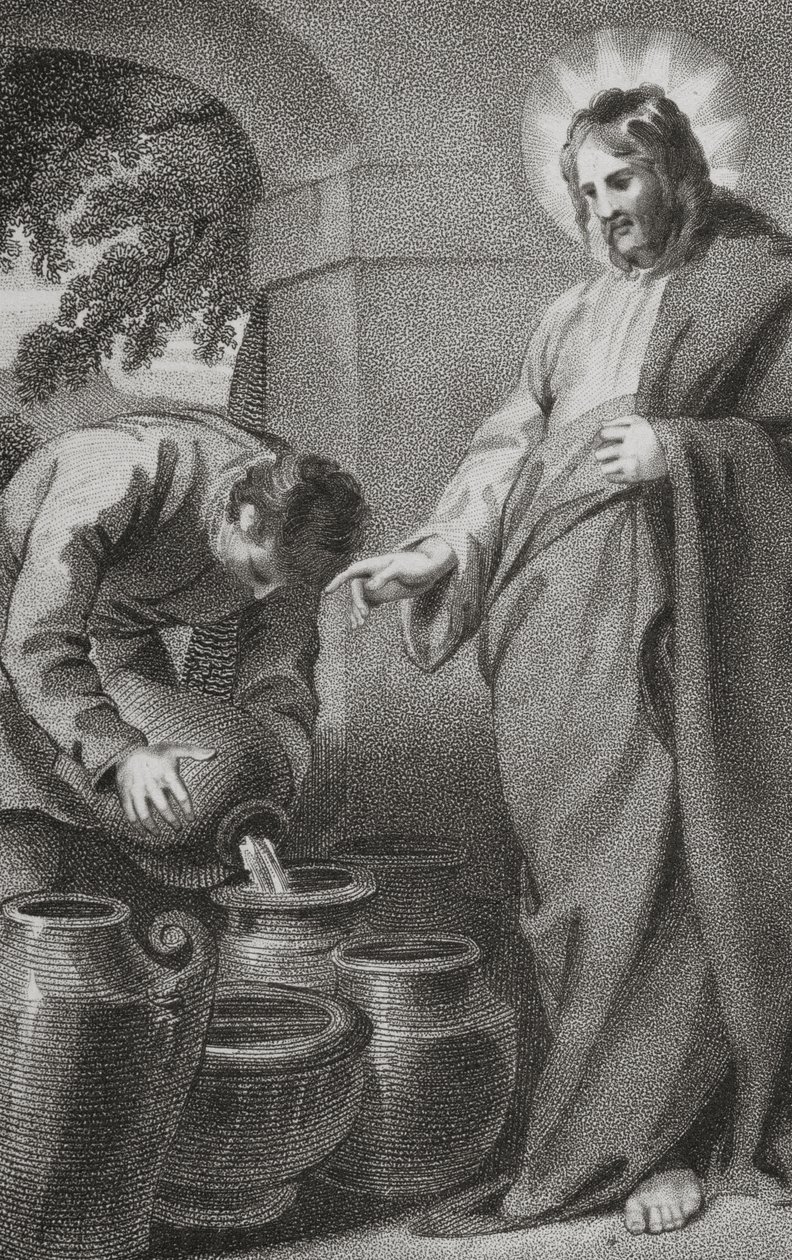 Kristus proměňující vodu ve víno, z „Historie a života našeho požehnaného Pána a Spasitele Ježíše Krista“, od reverenda J. Milnera, vydal B. Crosby, 1808 od William Hopwood