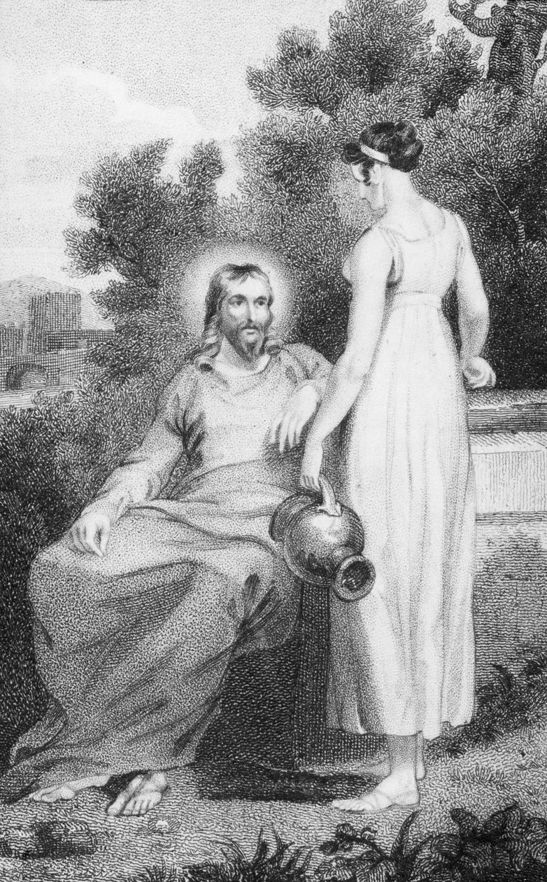 Kristus a žena Samaří, z „Historie a života našeho požehnaného Pána a Spasitele Ježíše Krista“, od reverenda J. Milnera, vydal B. Crosby, 1808 od William Hopwood