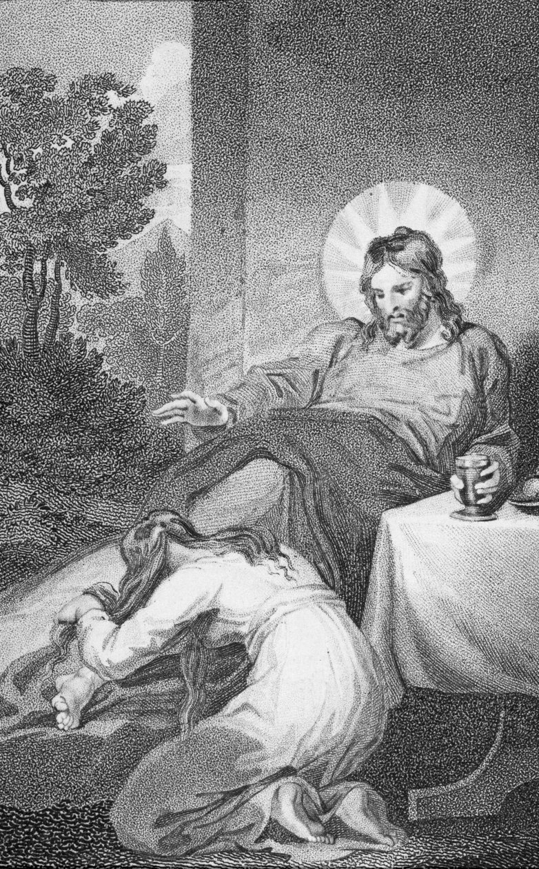 Marie pomazává Spasiteli nohy, z knihy "The History and Life of Our Blessed Lord and Saviour Jesus Christ", kterou napsal reverend J. Milner, vydáno B. Crosby, 1808. od William Hopwood