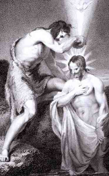 St. John Baptising Christ, z „Historie a života našeho požehnaného Pána a Spasitele Ježíše Krista“, od reverenda J. Milnera, vydal B. Crosby od William Hopwood