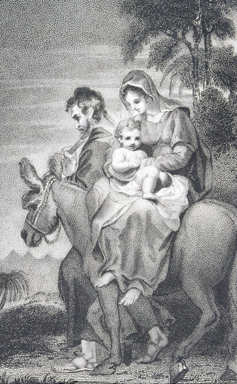Útěk do Egypta, z „Historie a života našeho požehnaného Pána a Spasitele Ježíše Krista“, od reverenda J. Milnera, vydal B. Crosby, 1808 od William Hopwood