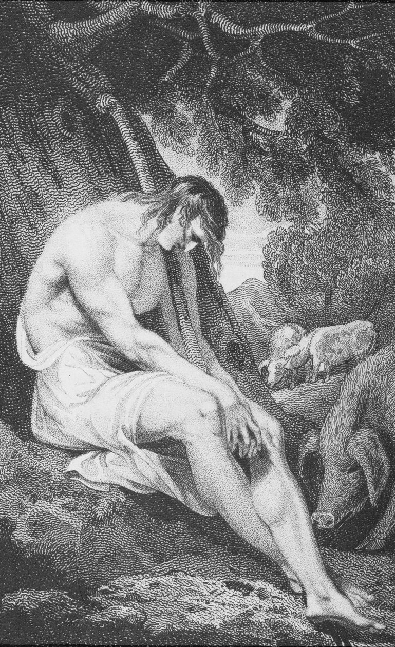 Marnotratný syn, z „Historie a života našeho požehnaného Pána a Spasitele Ježíše Krista“, od reverenda J. Milnera, vydal B. Crosby, 1808 od William Hopwood