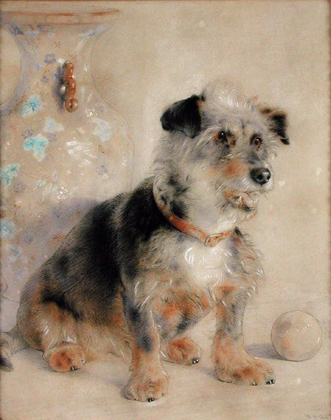 Teriér sedící před vázou Canton Famille Rose od William Huggins