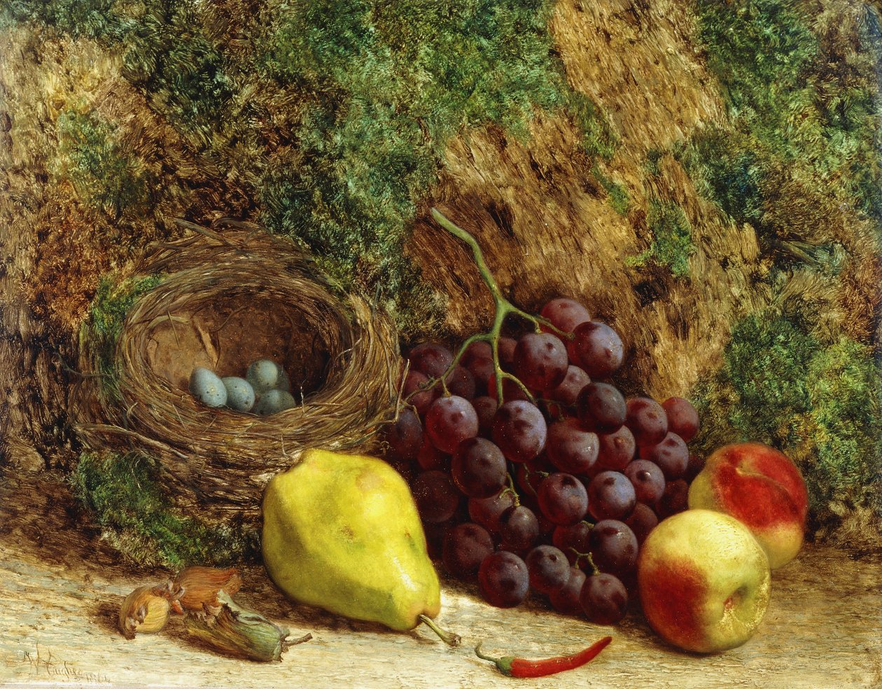 Hrozny, hruška, broskve a ptačí hnízdo u mechové banky, 1864 od William Hughes