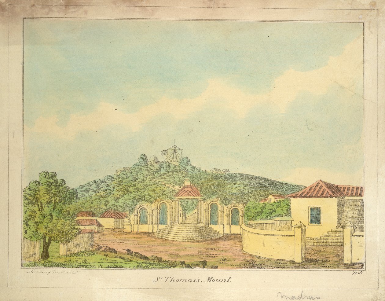 Hora svatého Tomáše v Madrasu, kolem roku 1830 (barevná rytina) od William Hunsley