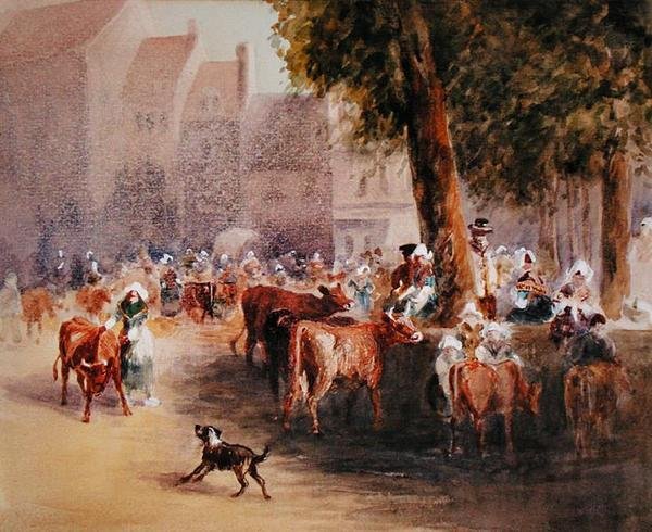 Brzy ráno na vesnickém dobytčím trhu (akvarel na papíře) od William Hunt