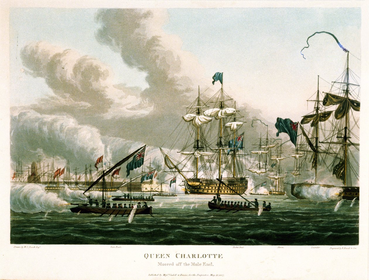 Loď "Queen Charlotte" kotví u mola během bombardování Alžíru (Alžírsko) 27. srpna 1816. Barevný lept, 15. května od William Innes Pocock