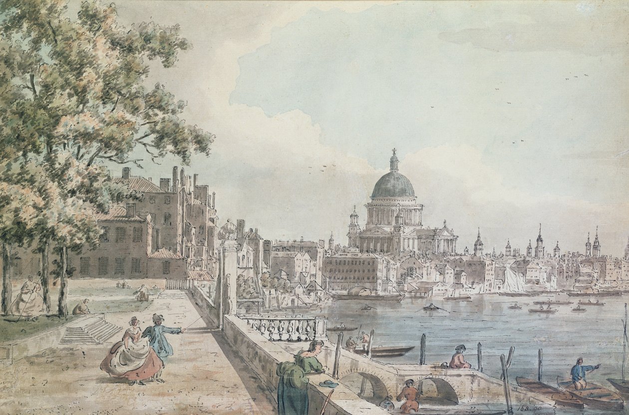 Kopie části Canalettovy kresby katedrály svatého Pavla z terasy Somerset House (čb, pero a wash). od William James