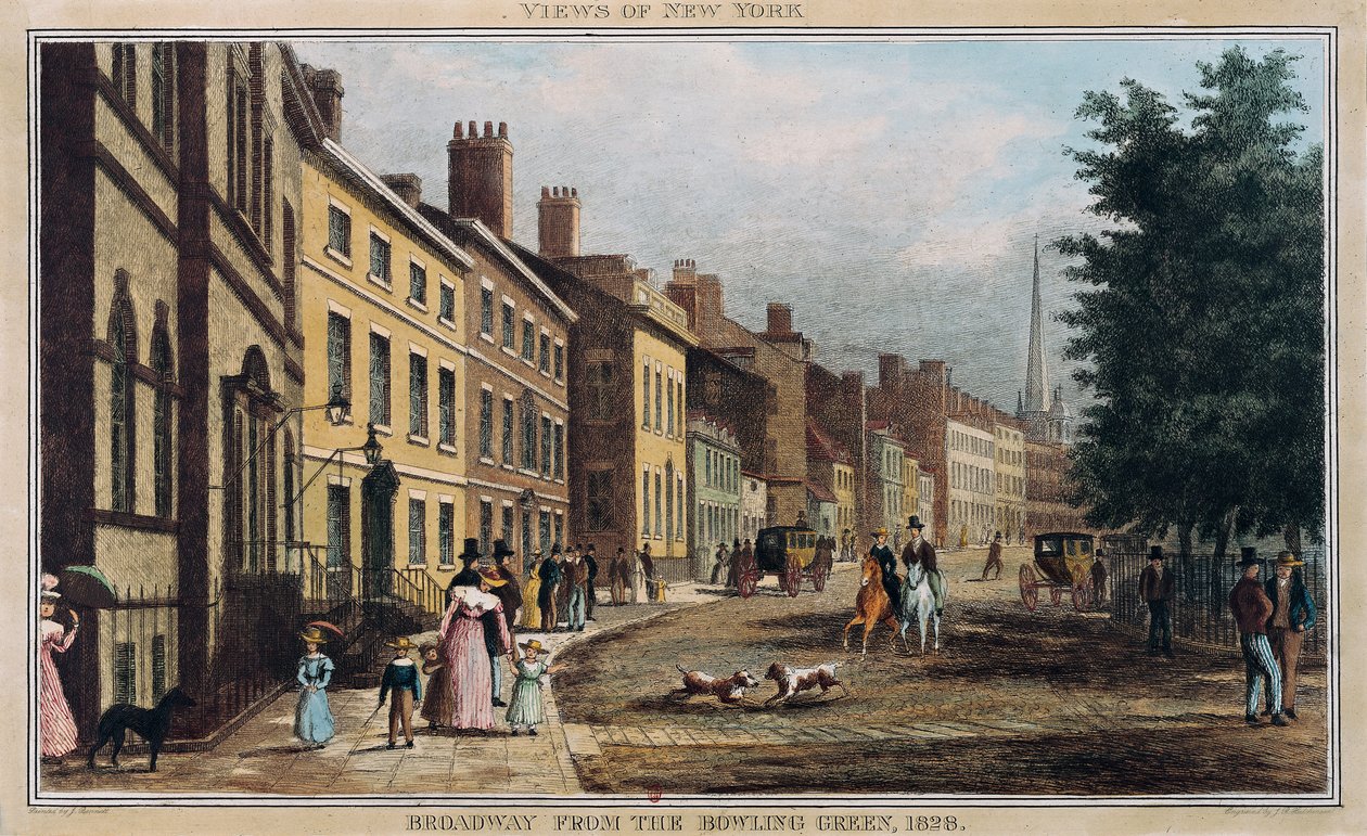 Broad Way from the Bowling Green, vyrytý J.R. Hutchinson, 1828 od William James Bennett
