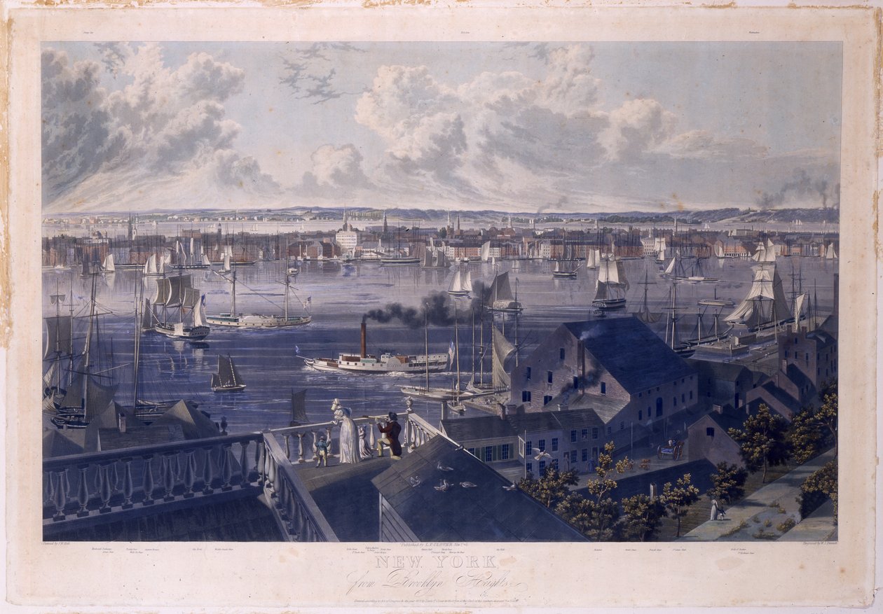 New York z Brooklyn Heights, 1837 (ručně kolorovaný lept a akvatinta) od William James Bennett