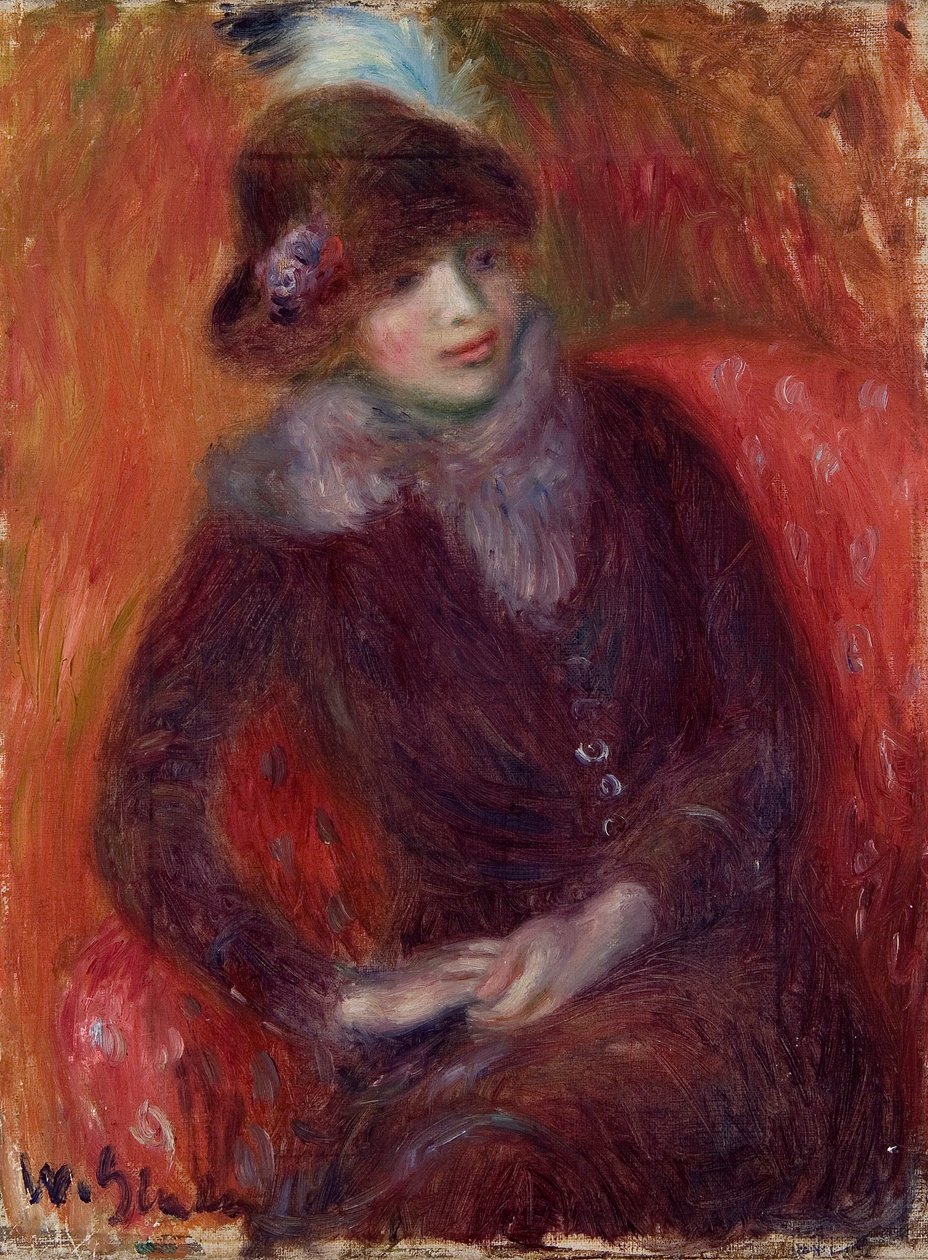 Sedící žena s kožešinovým nákrčníkem a červeným pozadím od William James Glackens