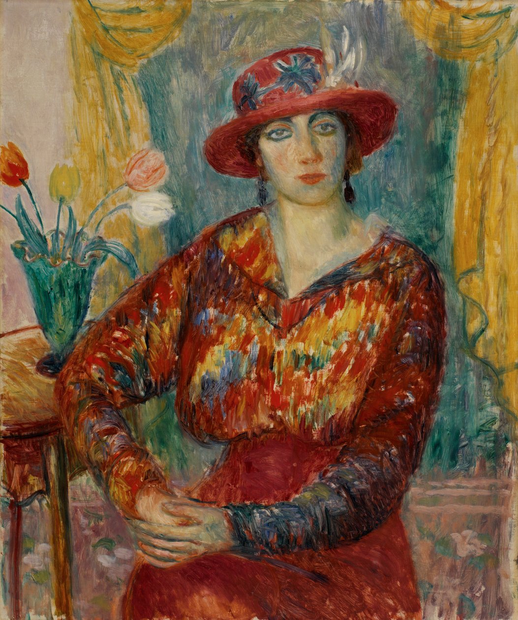 Žena v červené halence s tulipány od William James Glackens