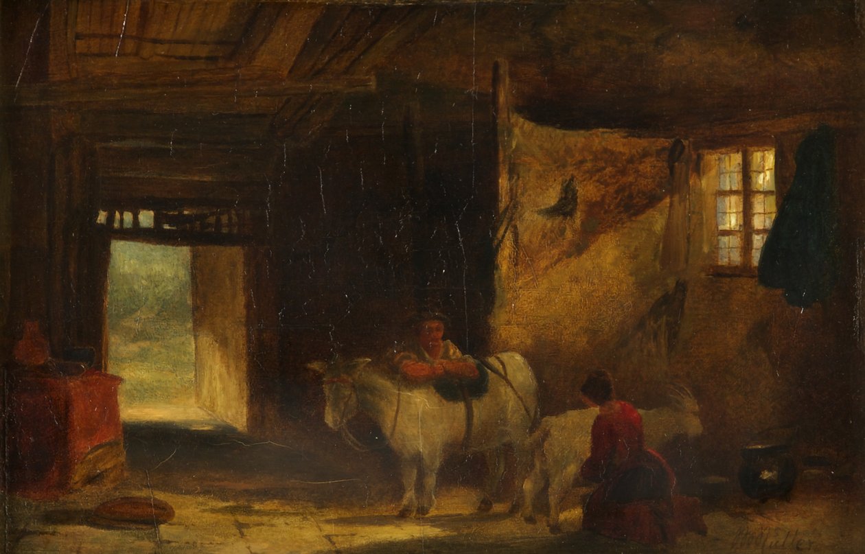 Velšský interiér s dívkou dojící kozu (olej na panelu) od William James Muller