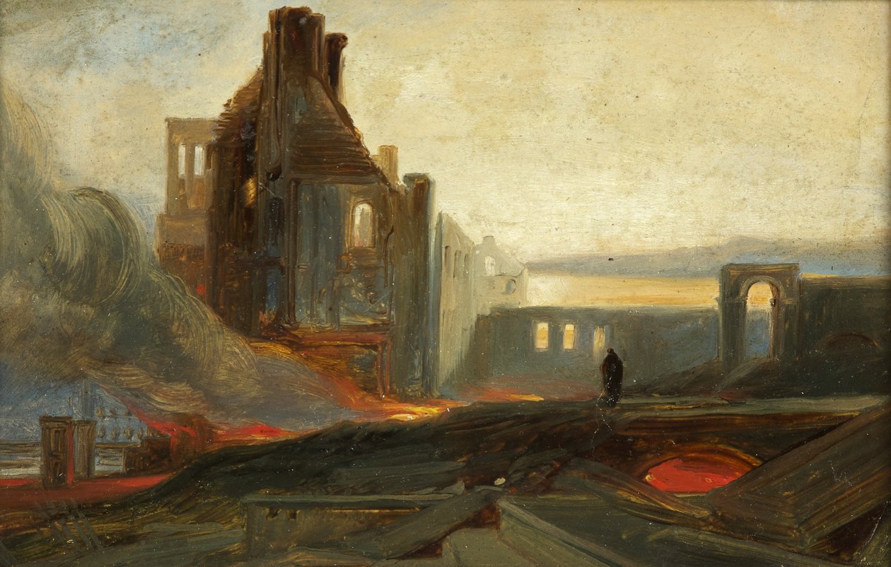 Bristol Riots: Ruins of Warehouses v Prince Street, kolem roku 1831 (olej na papíře) od William James Muller