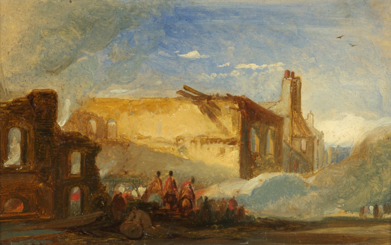 Bristol Riots: Ruins of Warehouses v Prince Street, s jízdními jednotkami, kolem roku 1831 (olej na papíře) od William James Muller