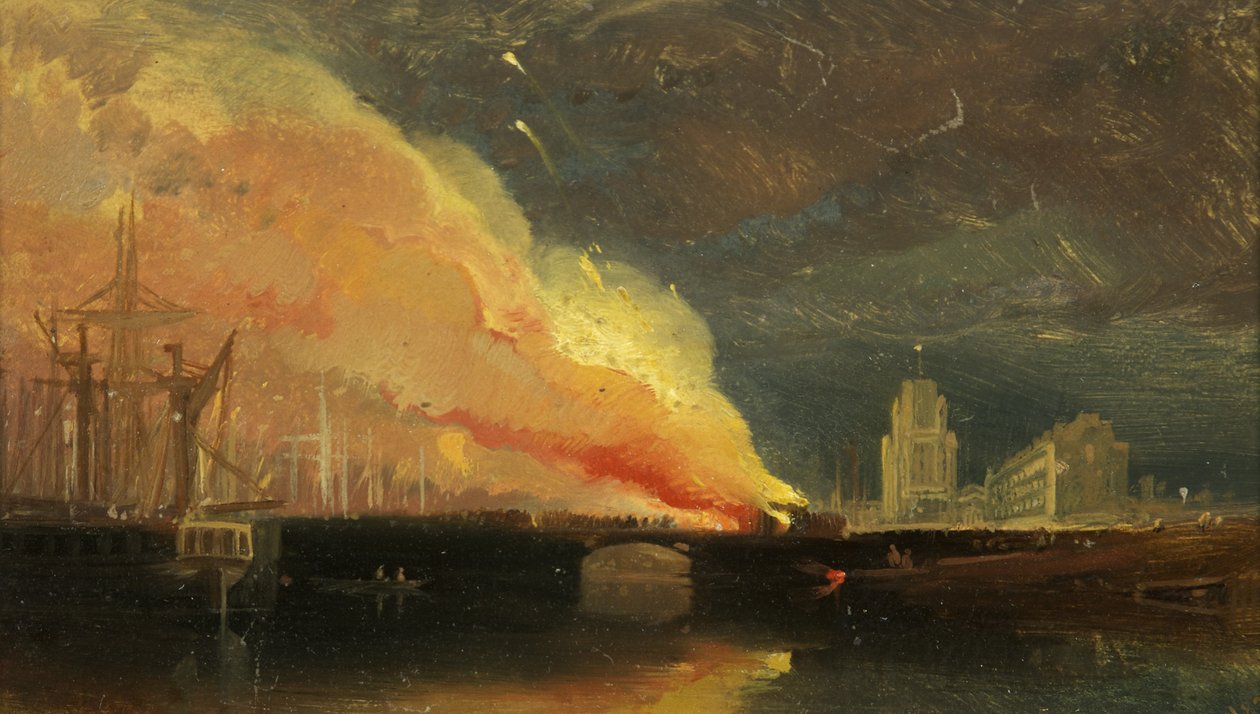 Bristol Riots: Spálení mýtných domů na Prince Street Bridge se St Mary Redcliffe od William James Muller